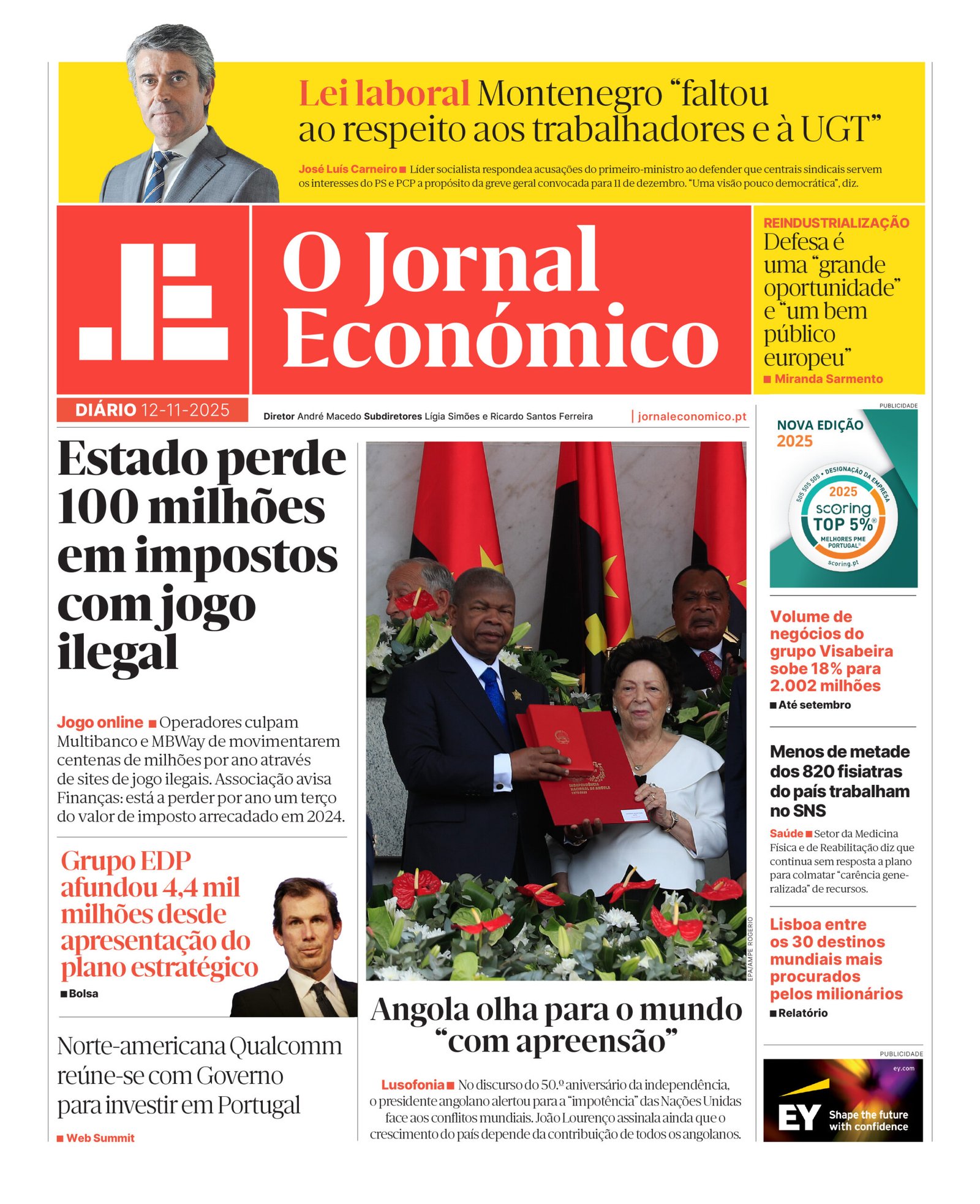 A página inicial do Diário Financeiro de 12 de novembro