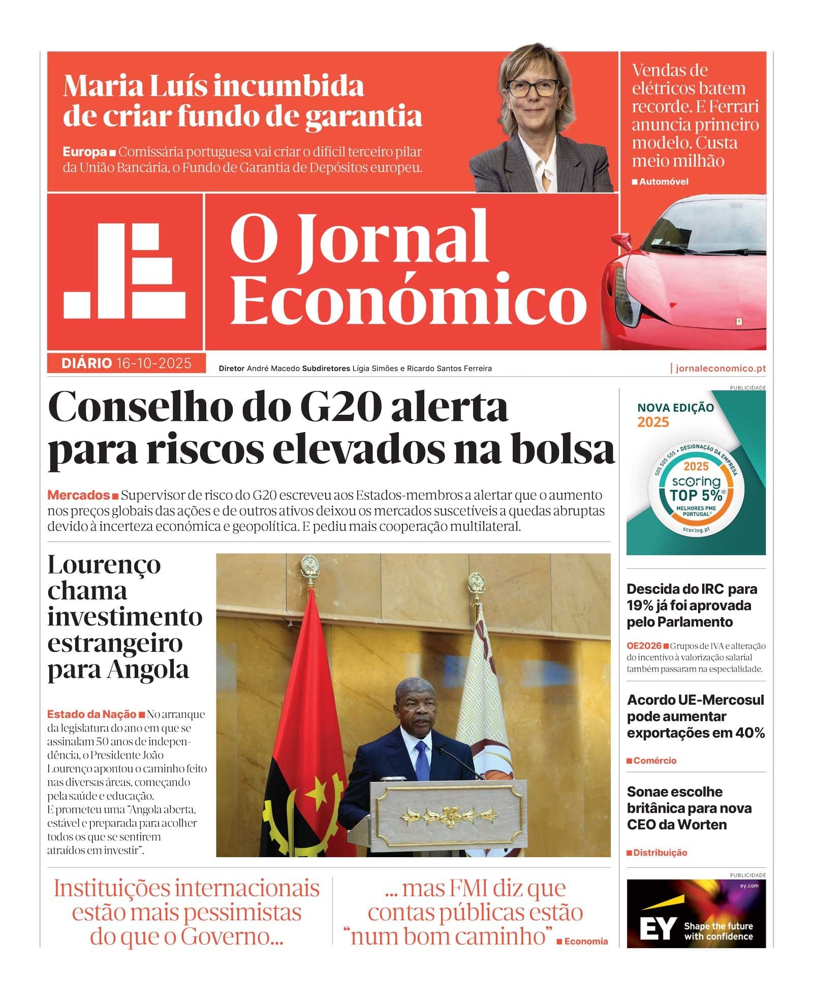 A capa do Jornal Financeiro de 16 de outubro